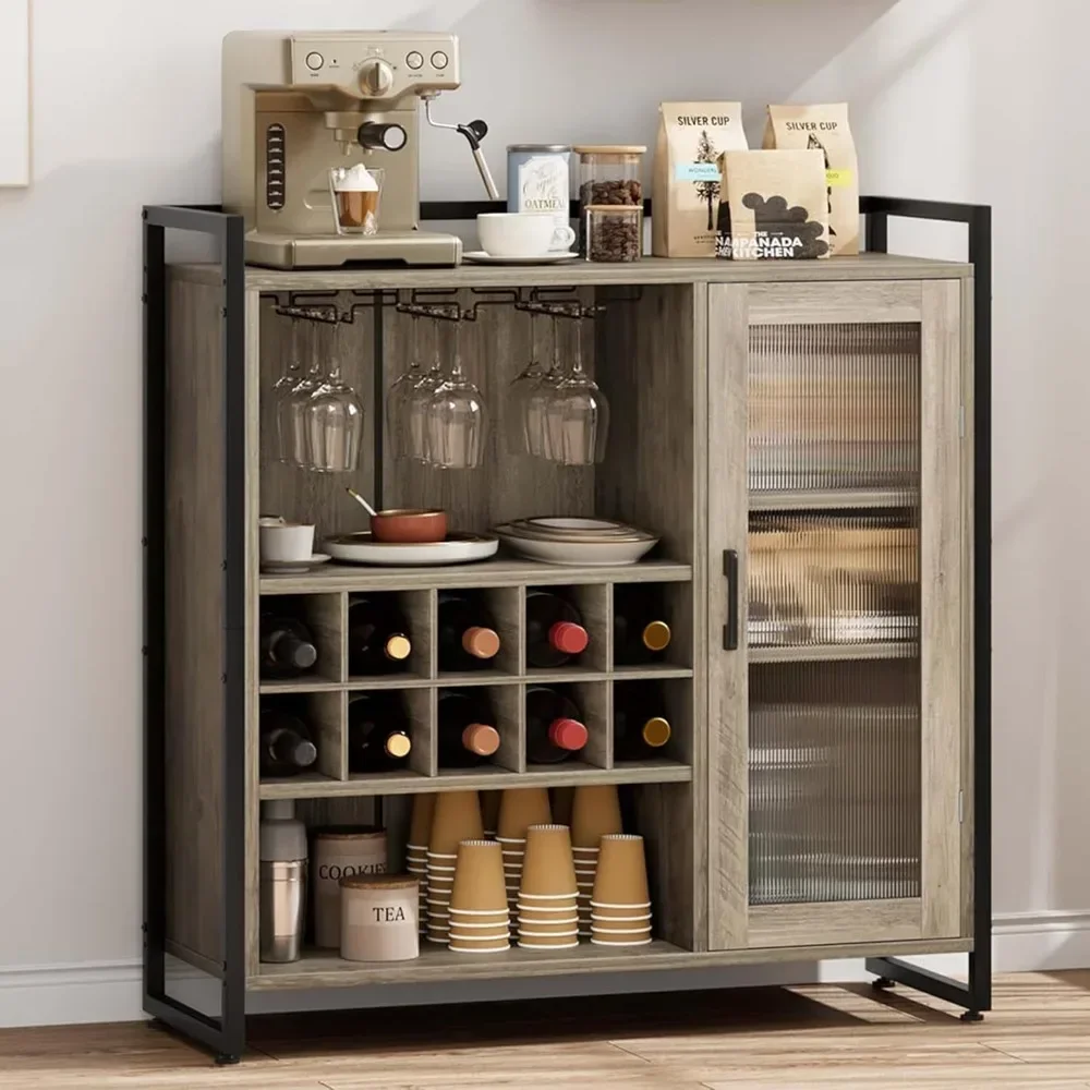 Armário de bar de vinho com rack de vinho removível, bar de café com suporte de vidro, aparador de bebidas e armário de buffet