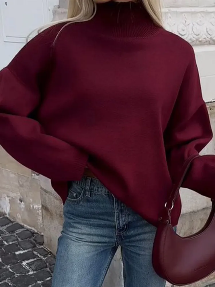 Jersey Retro de Color sólido con cuello alto para mujer, jersey cálido elegante de manga larga con cuello alto informal, suéter para ir al trabajo de otoño 2024