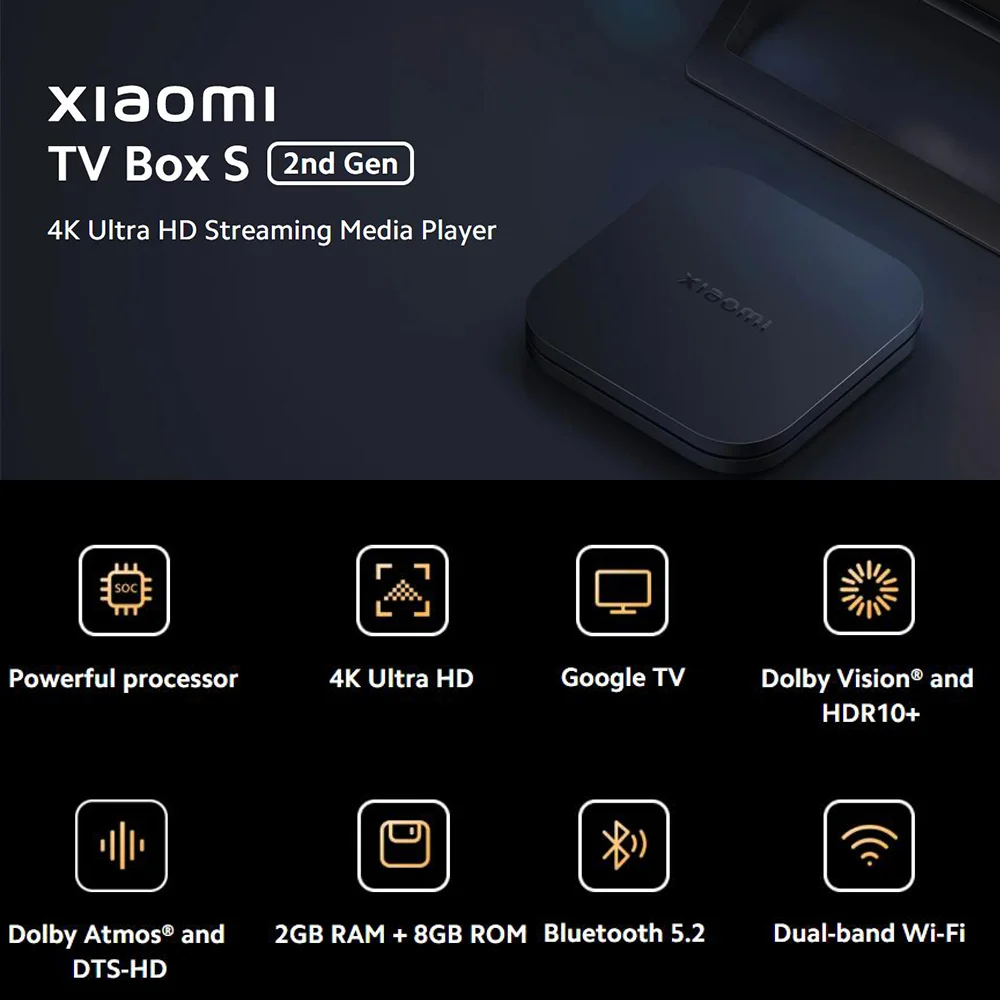 Xiaomi Mi TV Box S 2. Generation Global Version Smart TV Box Media Player 4K Ultra HD BT5.2 2GB 8GB Android Google TV Google Assistant