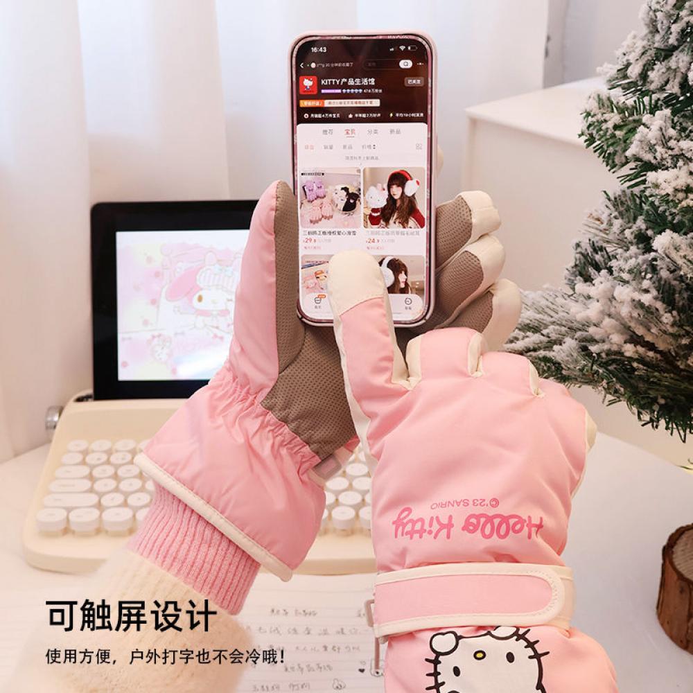 Sanrioed Kawaii Hello Kitty Warme Plüsch-Touchscreen-Skihandschuhe Anime Cinnamoroll Weiche Handschuhe Winter Outdoor Winddicht Mädchen Geschenk