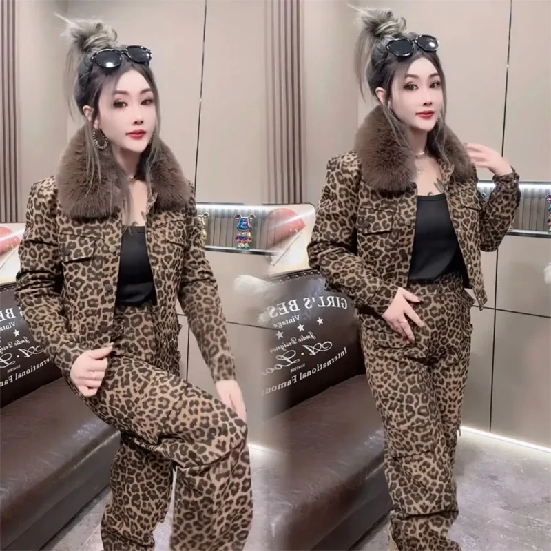 Setelan pakaian wanita kerah bulu longgar, set jaket celana panjang, pakaian wanita kerah bulu longgar, setelan dua potong, motif macan tutul, mantel musim gugur, musim dingin, baru, 2025