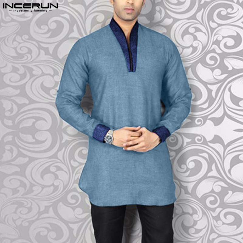 2024 männer Muslimischen Shirts Patchwork V-ausschnitt Langarm Vintage Männer Kleidung Islamischen Arabisch Casual Männlichen Hemd Kaftan S-5XL INCERUN