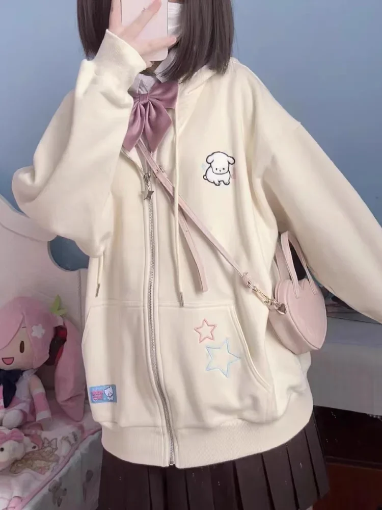 ADAgirl Kawaii Zip Up ผู้หญิง Hoodie สีชมพู Harajuku Cutecore Hooded ขนาดใหญ่เสื้อเกาหลีขนแกะแขนยาว Girly Tops