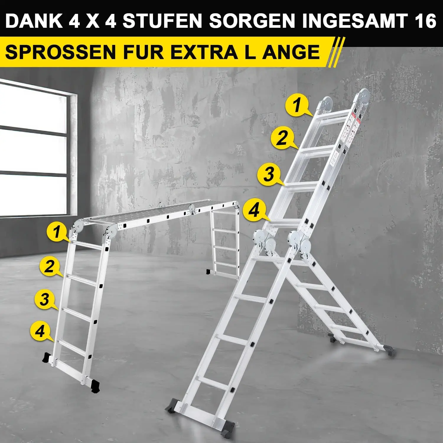 Scala multifunzionale 4x4, 7 in 1, alluminio da 470 cm, con 2 piattaforme, ruote, carico massimo 150 kg, per uso domestico.