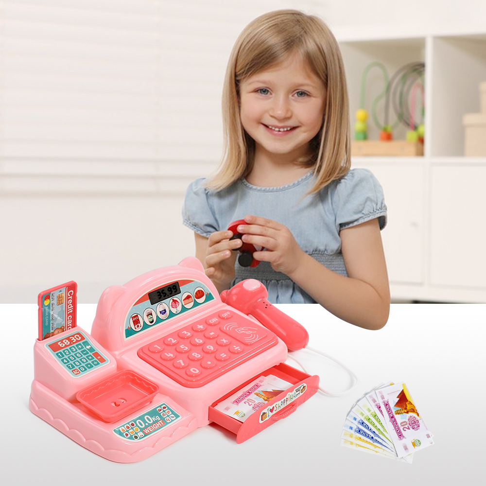 Mini caixa registradora infantil com scanner montessori, supermercado, casa de brincar, luzes, som, brinquedos para crianças, menino, menina, presente de aniversário