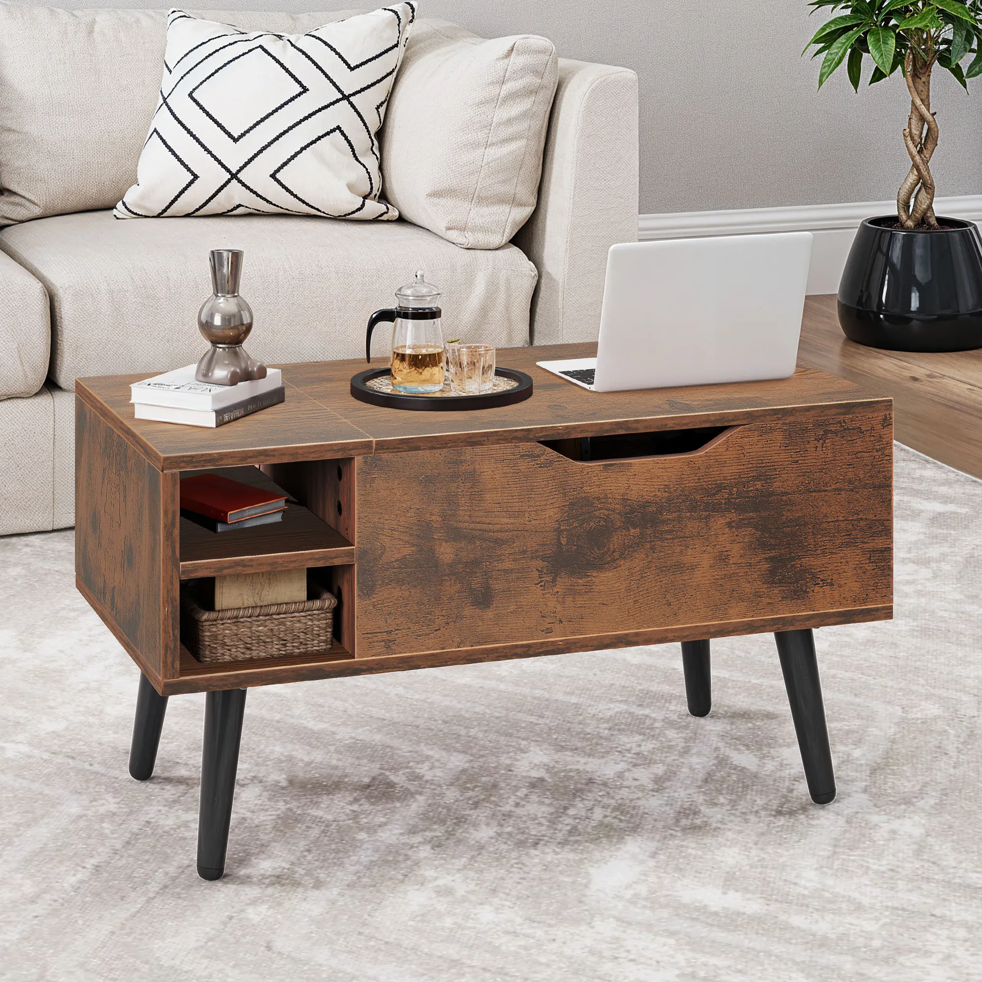 YITAHOME Rustikaler brauner Couchtisch mit Hubplatte – verstellbares Regal und versteckter Stauraum, Federmechanismus, 80 x 40 x 61,5 cm