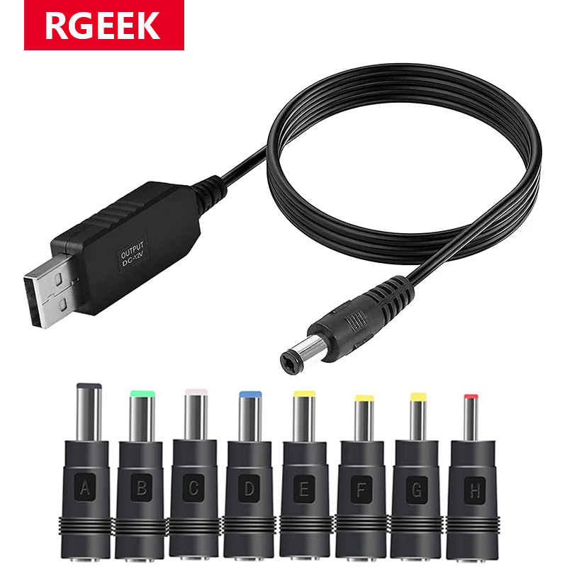 RGEEK 5.5*2.1mm 5V 9V 12V Kabel USB Boost Converter Step-up Cord 8PCS Złącza Kabel do Wifi 12V Router Modem Fan Powerbank