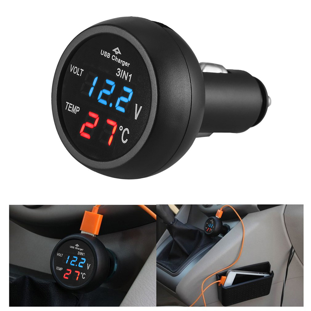 Carro Digital LED Display Voltímetro, Auto Medidor, Termômetro, Carregador USB, Monitor Display, Telefone, Tablet, GPS, Carregamento, 3 em 1, 12 V, 24V