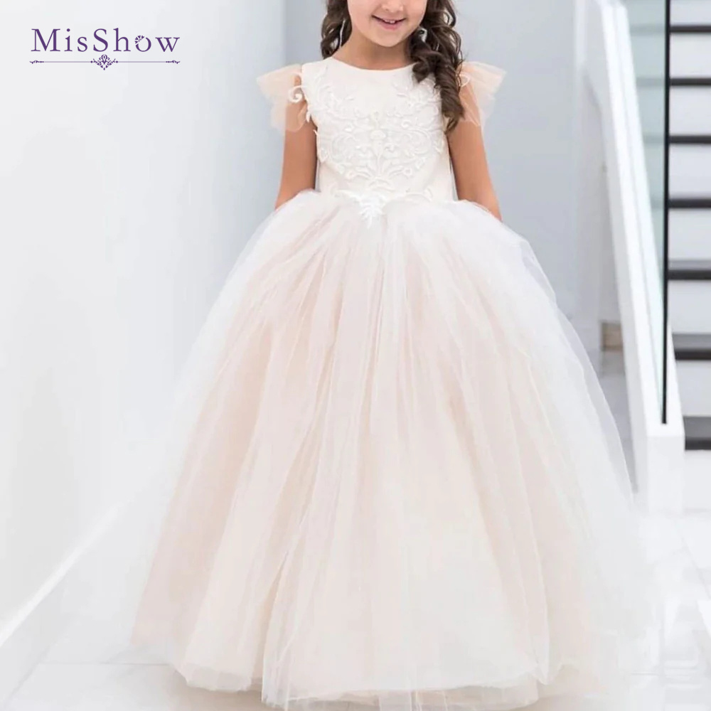 Misshow-vestido de princesa com rendas e tule para meninas, vestido de baile princesa sem mangas, vestidos de primeira comunhão para casamento