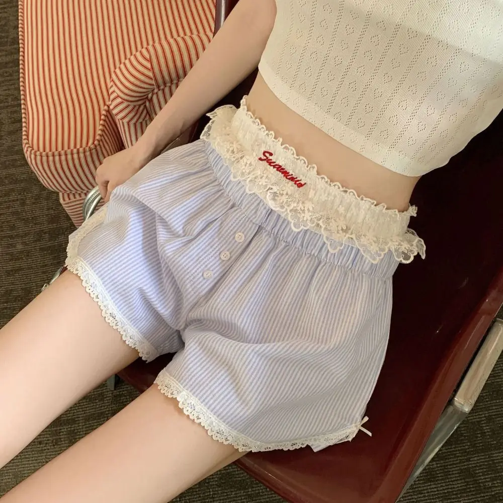 Cute Summer Striped Shorts Button Blue Pink Embroidered Lace Shorts Lolita Lace Leggings For Women Girl