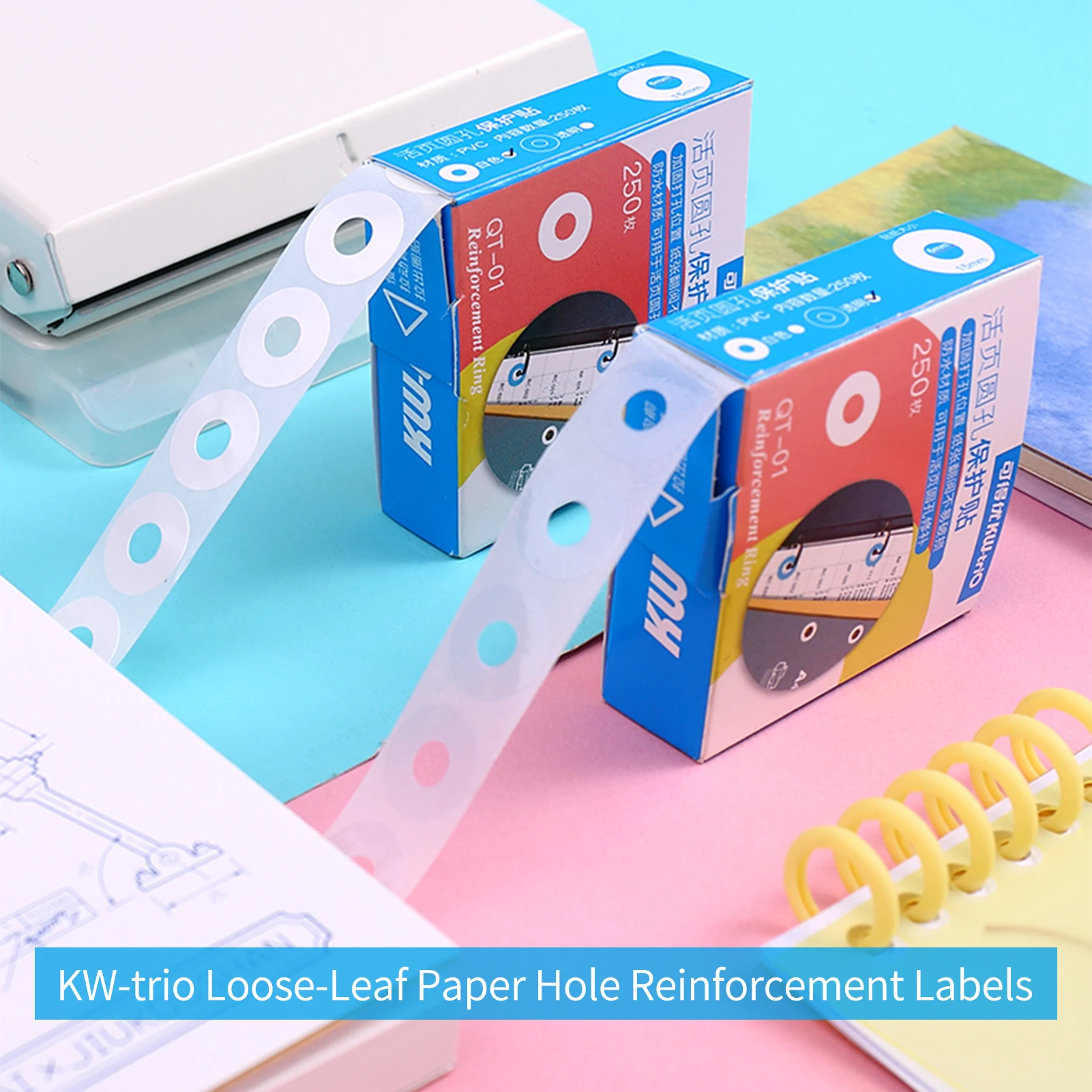 KW-trio Etiquetas de refuerzo de agujeros de papel de hojas sueltas, pegatinas redondas, Protector de perforadora autoadhesivo para oficina, escuela y hogar