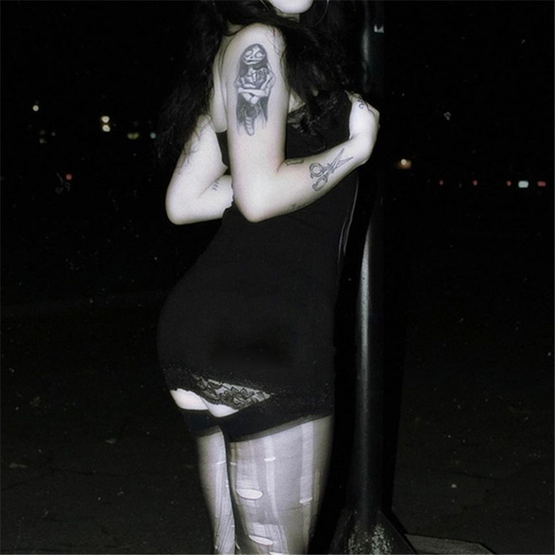 Goth Dark Streetwear Anime Skull พิมพ์สายรัดชุดมินิ Fairy Lace Stitch Club ชุด Slim เซ็กซี่ชุด Bodycon Mall Gothic