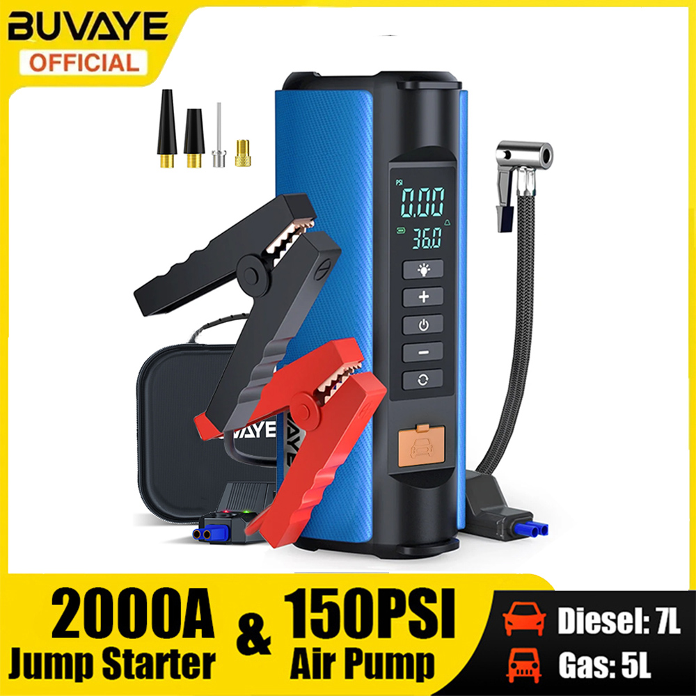 BUVAYE Car Jump Starter Air Pump Outdoor Portable Power Lamp Portable Air Compressor Multifunctional Tire Inflator with EVA Bag