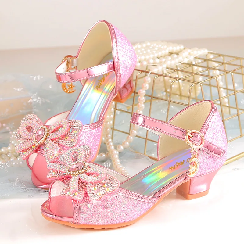 Sandales d'été à talons pour filles, chaussures à paillettes brillantes avec strass, chaussures de danse princesse avec nœud papillon et perles, H876