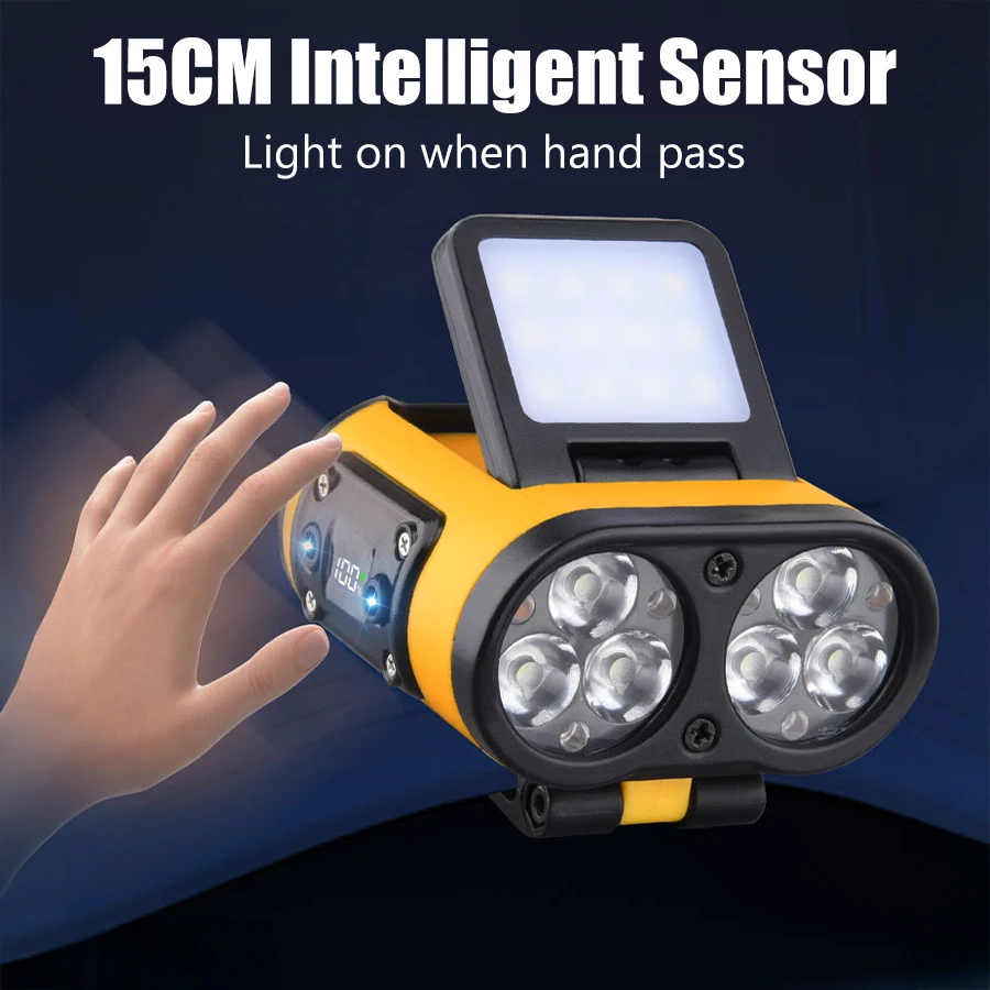 Linterna frontal LED con Sensor inteligente, linterna recargable de TPYE-C con pantalla de potencia, para montar, pescar, acampar y exteriores