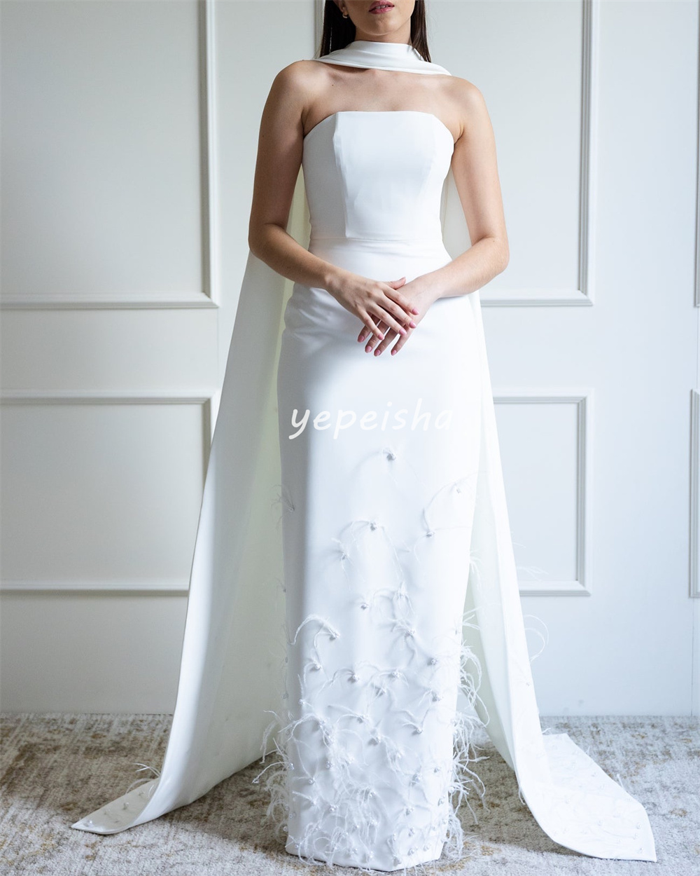 Personalizado formal casual jérsei pena strass em linha reta sem alças vestidos longos sob medida vestidos de ocasião clássico estilo moderno