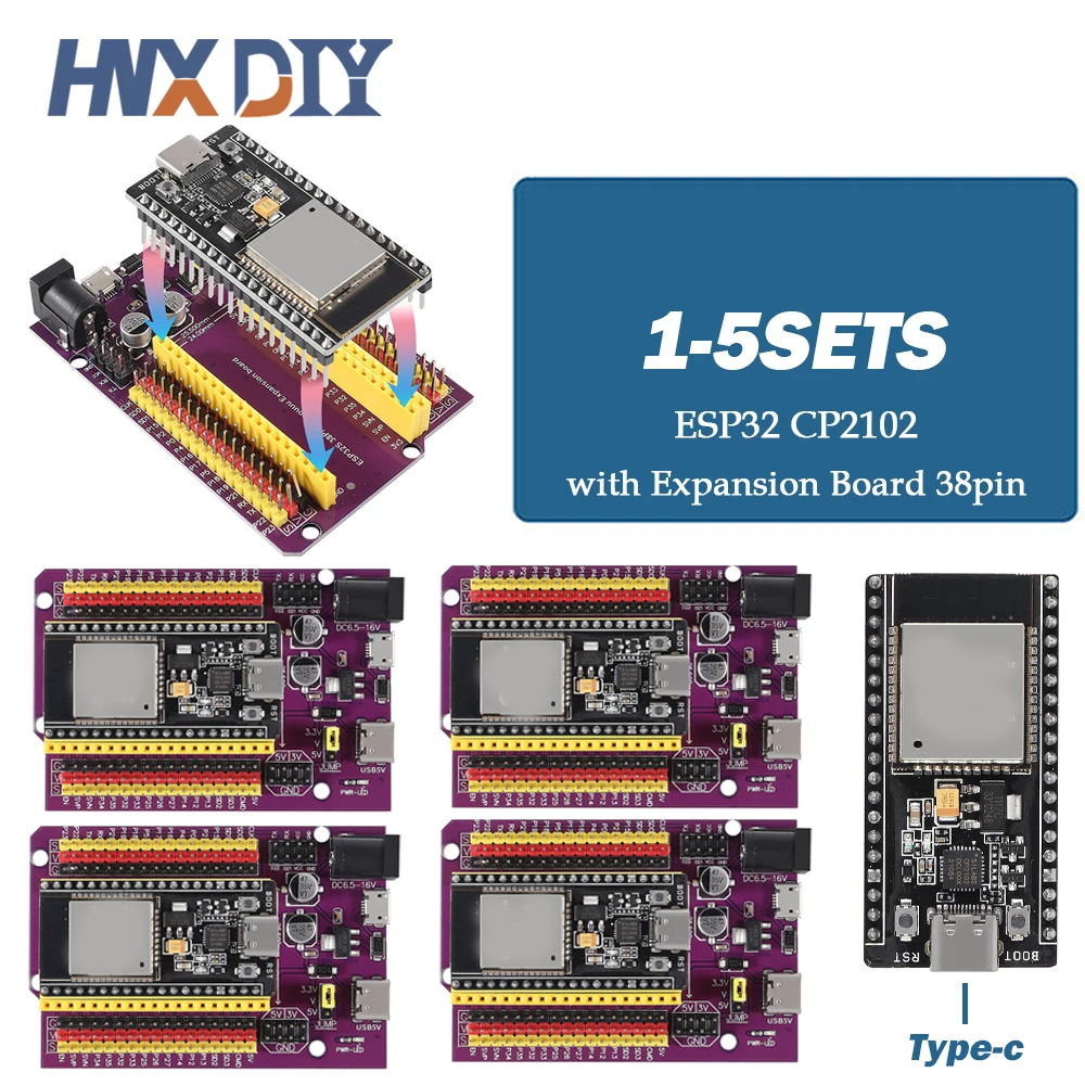 1-5 комплектов макетной платы ESP32 TYPE-C USB CP2102 Wi-Fi + Bluetooth двухъядерный ESP32-DevKitC-32 Плата расширения ESP-WROOM-32 38PIN