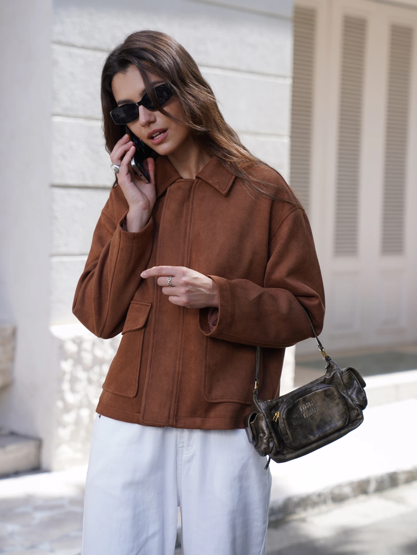 ใหม่ 2025 ฤดูใบไม้ร่วง/ฤดูใบไม้ร่วงผู้หญิงแฟชั่น Basic สั้น Suede กระเป๋าเสื้อแจ็คเก็ตและ Coat