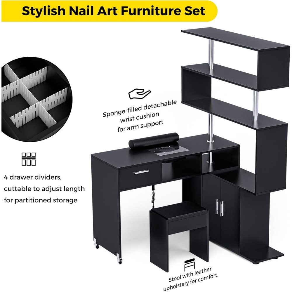 Nail Tables.Manicure Table Nail Desk with Stool, Rotating L-Shaped Nail Tech Desk with Dust Collector, Two-Way Drawer, Cabinet