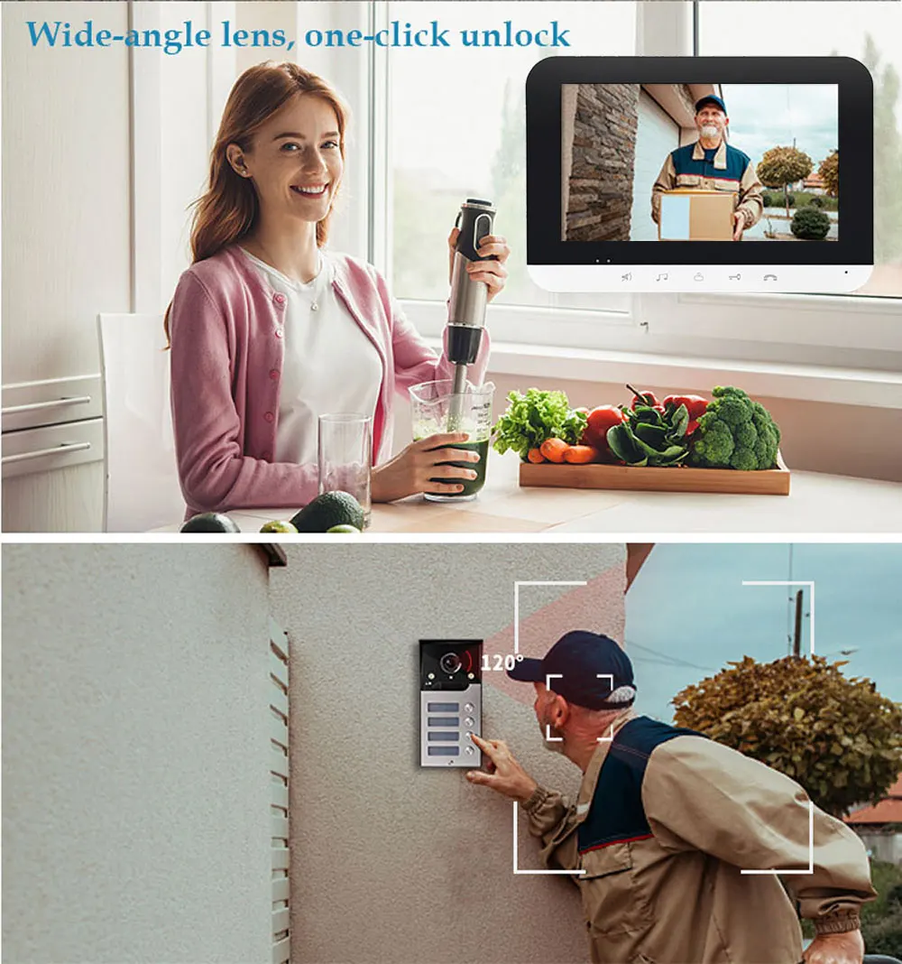 จอภาพ 7 นิ้ว 2/3/4 Apartment/ครอบครัววิดีโอประตูโทรศัพท์ระบบอินเตอร์คอมมุมกว้าง Doorbell กล้องกันน้ํา Access Control