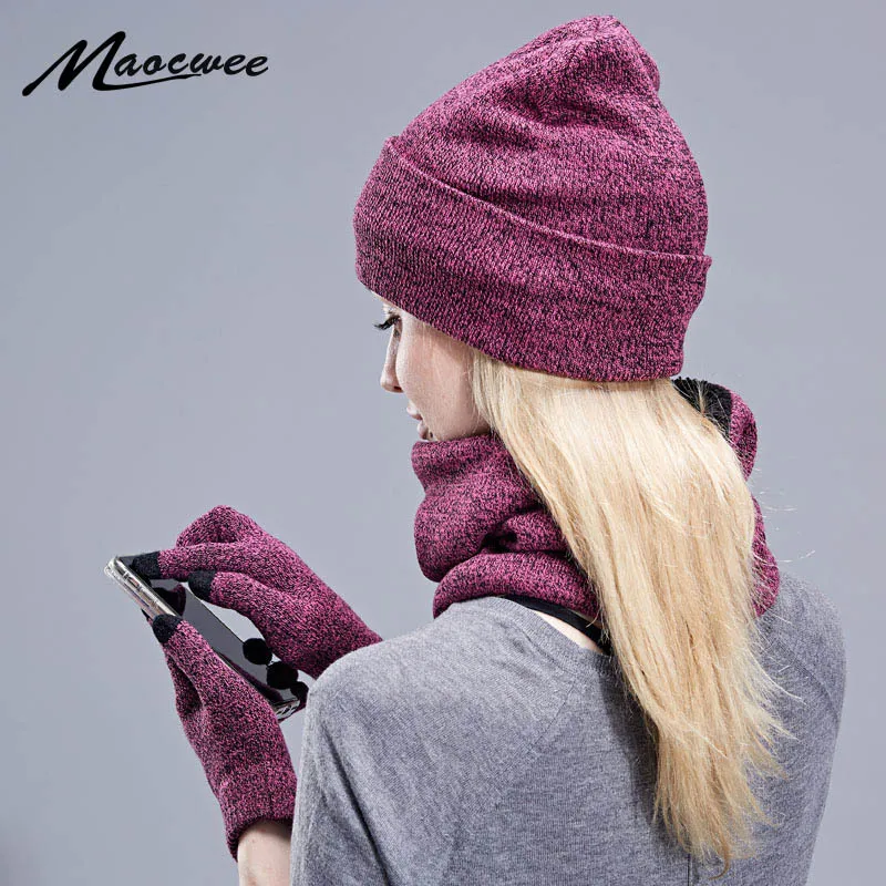 Conjunto térmico con forro polar de invierno, sombrero, bufanda, guantes con pantalla táctil, trio para mujeres, hombres, esquí al aire libre