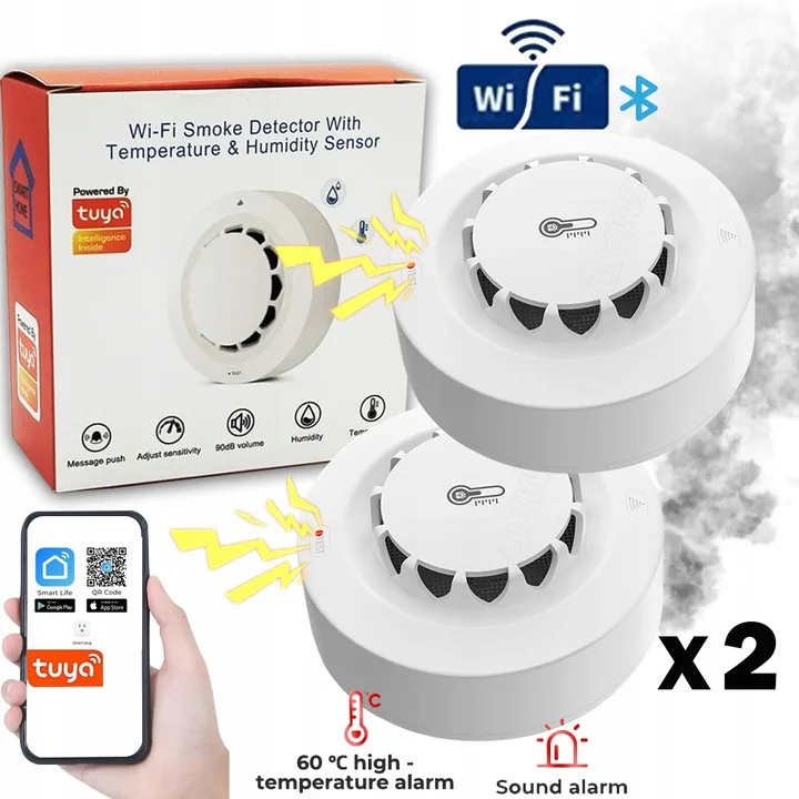 2 pcs Temperature and Humidity Smoke Sensor, TUYA WIFI Smoke Sensor Fire Alarm Home Kitchen Security System