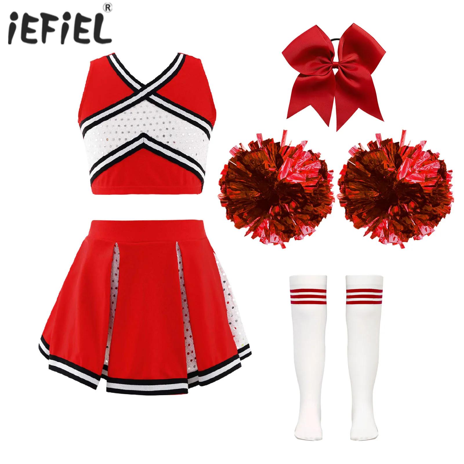 Kids Cheerleading Costume Dance Uniform Cheerlead Outfit Sequins Sleeveless Crop Top Skirt with Socks School Girls Dancewear Set