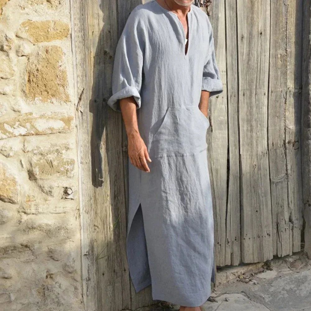 Vestido largo musulmán de lino y algodón para hombre, caftán largo de Oriente Medio, talla grande, Color sólido, Retro, árabe, islámico, informal