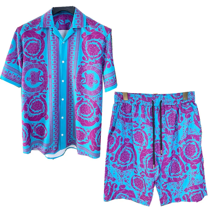 Vintage Herren Hemden Sets Sommer 3D-Druck Strand Kurzarmhemd Shorts Casual Trip Herren Hawaiianischer 2-teiliger Anzug S-2XL Herrenbluse