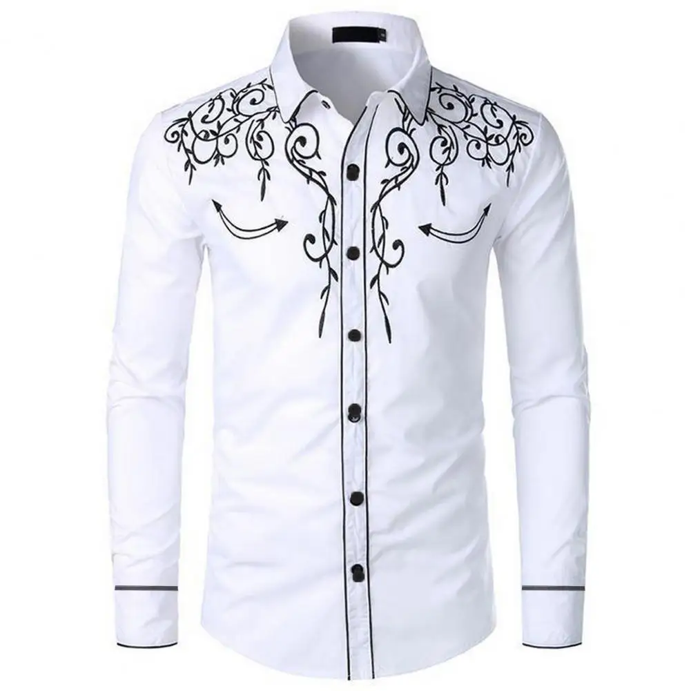 Camisa bordada a la moda para hombre, estilo vaquero occidental, manga larga, cuello de solapa, camisa de un solo pecho, camisa informal bordada, Top