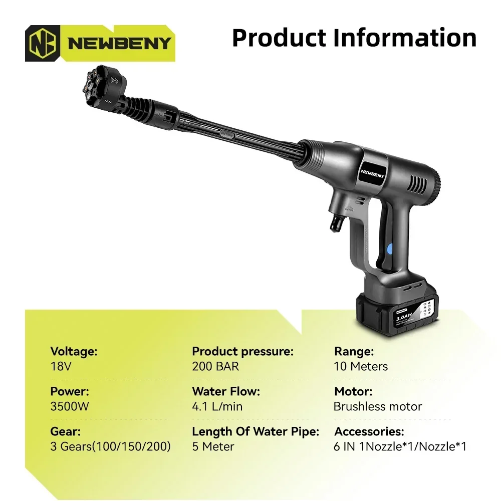 3500W 200Bar Brushless Elettrico Idropulitrice Ad Alta Pressione Cordless Efficiente Auto Giardino Pulizia Pistola A Spruzzo StrumentoPer 18V Batteria