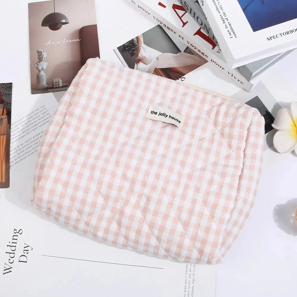 Casual Women's Cosmetic Pouch Large Capacity Travel Storage Bags Simple Plaid Ladies Clutch Handbags Pink Canvas Female Bag