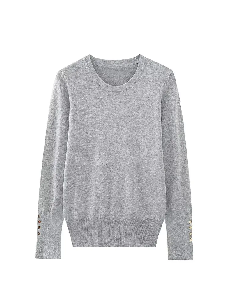 TRAF-suéter de manga larga con cuello redondo para mujer, jersey con botones, informal, liso, de alta elasticidad, otoño 2023