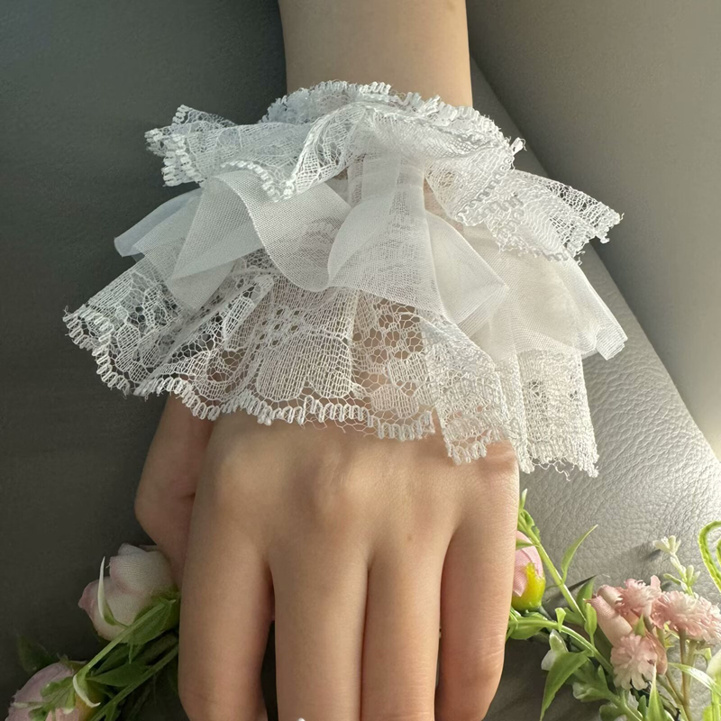 Короткие многослойные кружевные искусственные рукава для девочек, украшения с рюшами, манжеты на запястьях, свадебные перчатки без пальцев, браслет для косплея горничной