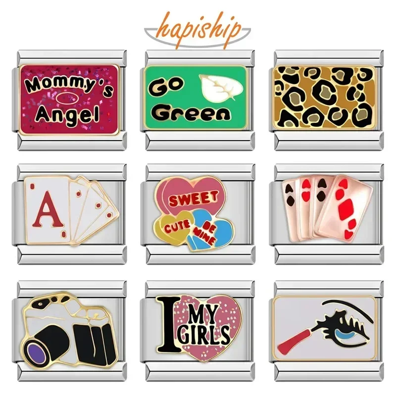 Hapiship 2024 nueva moda caliente colores esmalte cámara póker encanto enlaces ajuste 9mm pulsera de acero inoxidable hacer joyería DIY DJ736-A