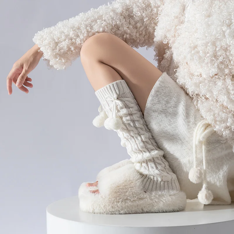 Feminino fofo pom pom meias polainas malha branco preto engrossado térmico inverno bota punhos aconchegante lã macia