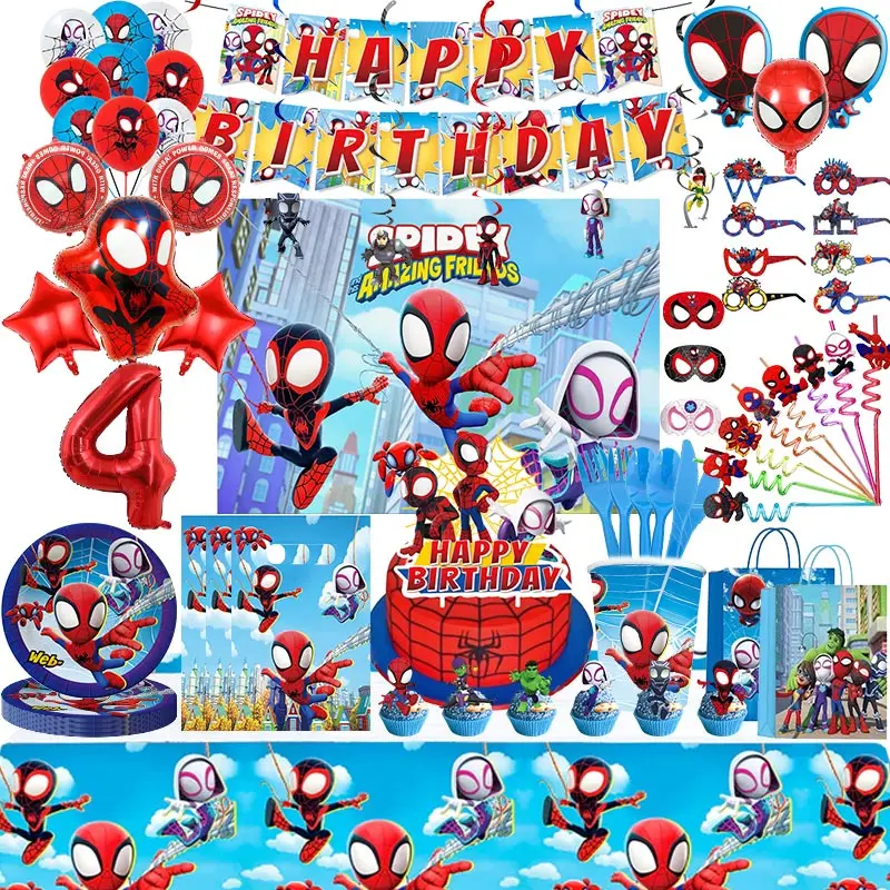 Decoración de fiesta de cumpleaños de Spidey y sus increíbles amigos, vajilla temática de Spiderman, plato de taza, suministros de globos Spidey para niños