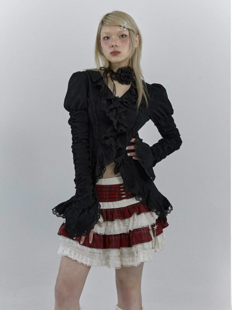 HOUZHOU Lolita Vintage Gothicเสื้อลูกไม้ผู้หญิงY2k Darkความงามไม่สม่ําเสมอเสื้อYamamotoสไตล์Grunge Flareแขนเสื้อ