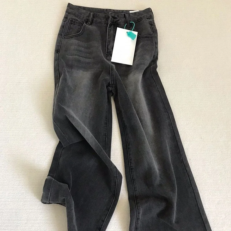 Lady Retro Black Gray High Waist Jeans Pants Women Fashion Straight Leg Denim Trousers Girls Loose Fit Thin Casual Pants
