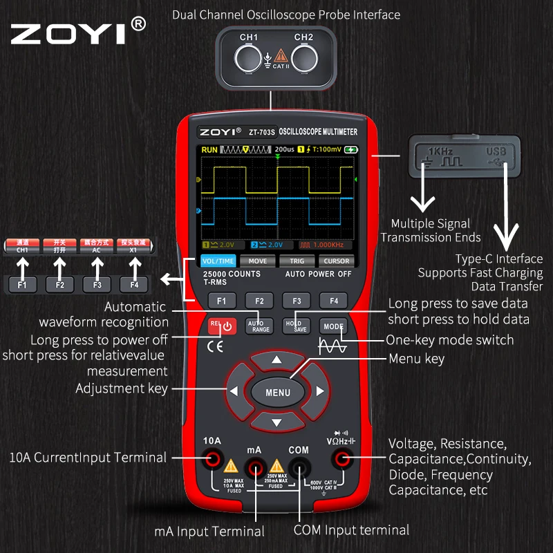 ZOYI 3-in-1 digital multimeter 50MHz bandwidth 280MS rate PC waveform data storage dual oscilloscope signal generator auto repai