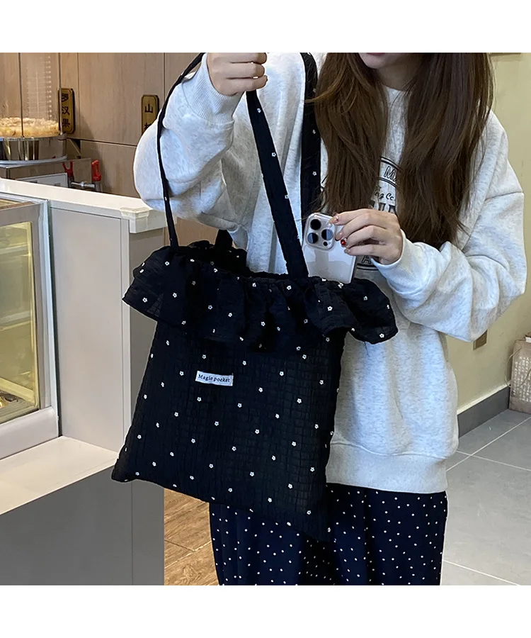 Uniwersalna torebka na ramię z szyfonu w kropki, duża pojemność, torebka z siateczki w stylu fairy, torba do pracy, torebka typu tote w stylu koreańskim dla kobiet.