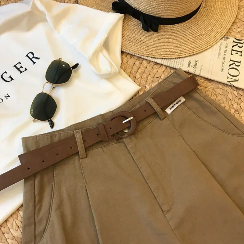 [Cinto de entrega] verão novo shorts de perna larga algodão fino a-frame shorts senhoras do escritório clássico solto casual shorts com zíper para mulher