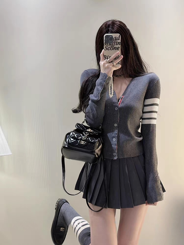 Cardigan F de Tricô Curto Sem Mangas com Decote em V Estilo Casual E Ajuste Slim Manga Longa para Primavera Outono