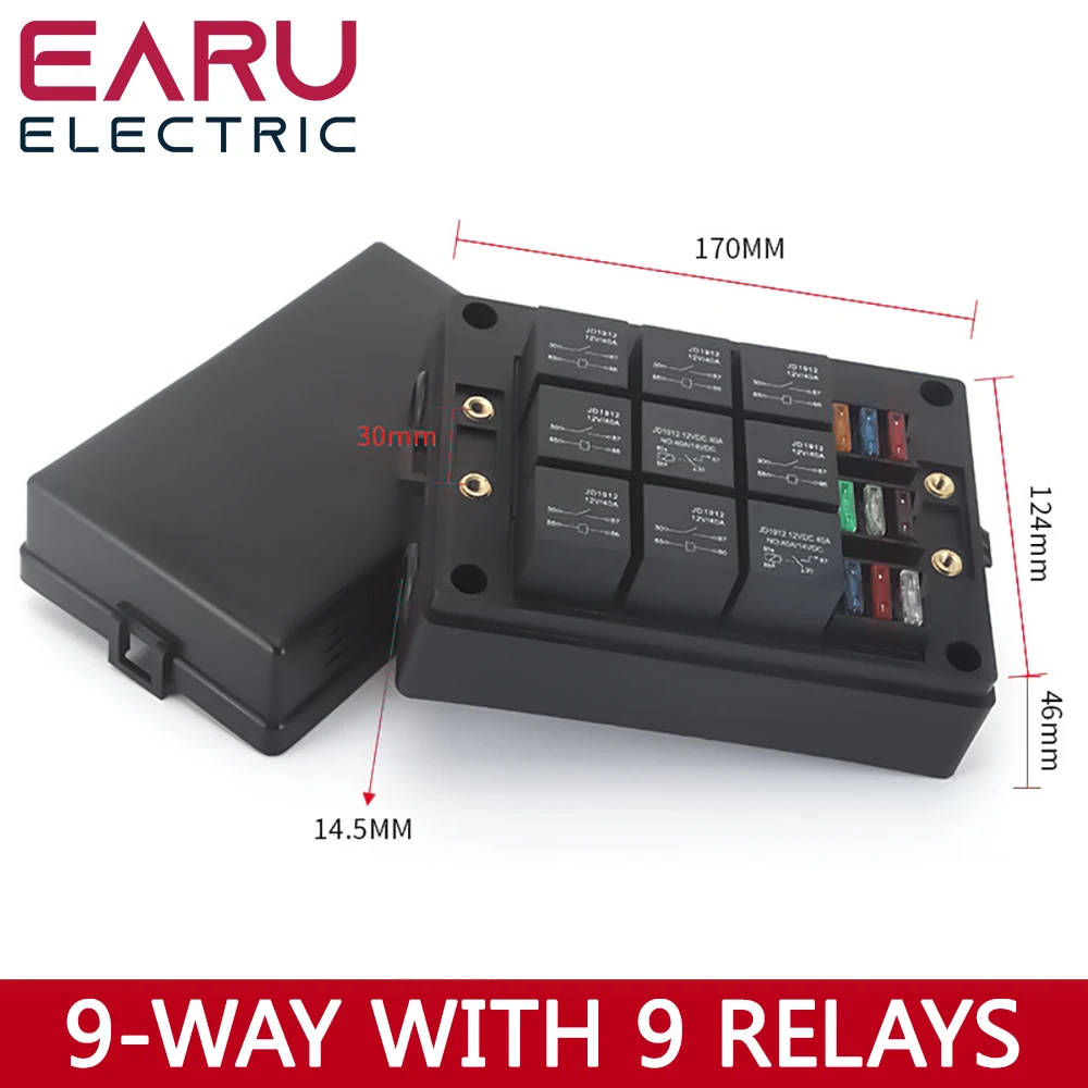 Earu Automotive 6-way fuse box with relay box assembly, 12 way 10 way 8 way modified circuit protection fuse box