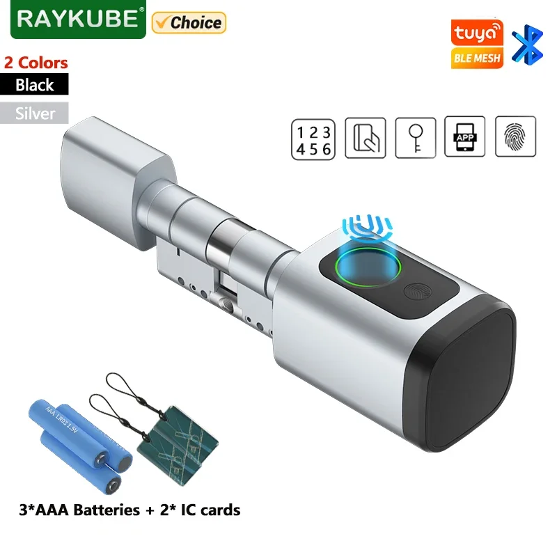 RAYKUBE V1 Smart Cilinderslot Met Tuya BLE Vingerafdruk IC-kaart Wachtwoord Ontgrendelen Inclusief 3 * AAA-batterijen Eenvoudige installatie
