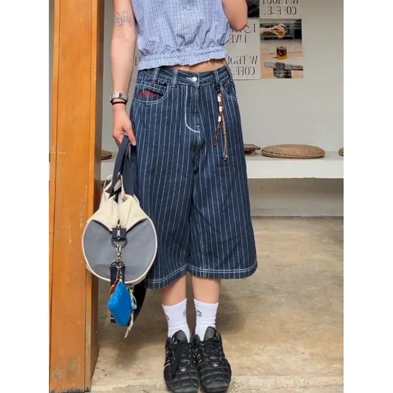 Damskie jasnoniebieskie jeansy cargo do łydki w stylu Harajuku Y2k, luźne spodnie jeansowe, japońskie spodnie oversize z lat 2000, ubrania vintage.