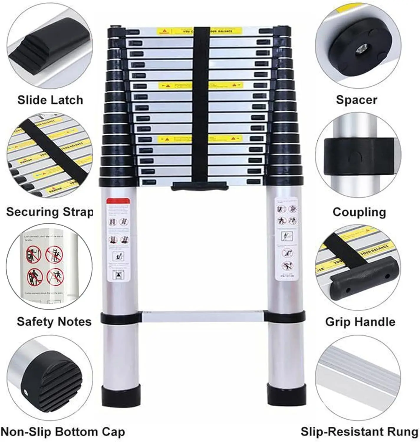 Telescopic Ladder Aluminum Telescoping Ladder Folding Ladder with Non-Slip Feet, Multi-Purpose Extension Straight Ladder Loft