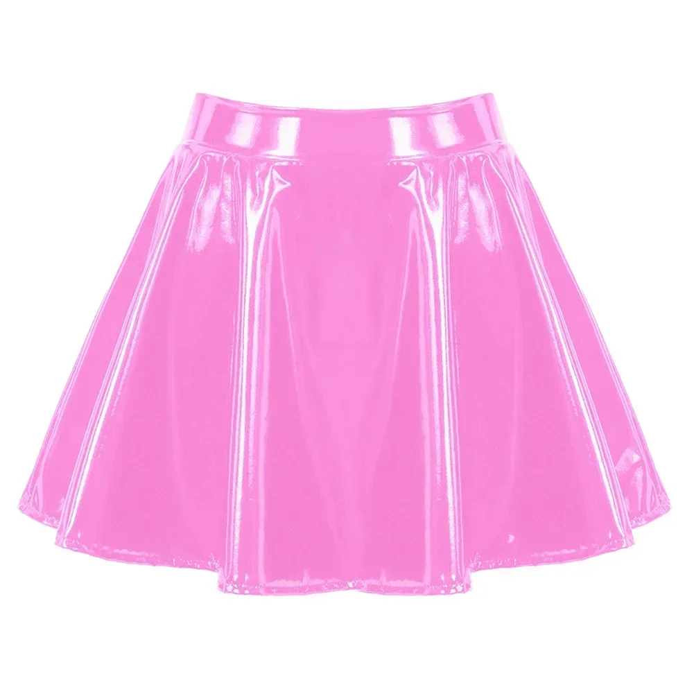 Falda corta brillante para mujer, faldas plisadas de charol, minifalda suave brillante aceitosa, falda de baile acampanada de Color sólido, ropa erótica para discoteca
