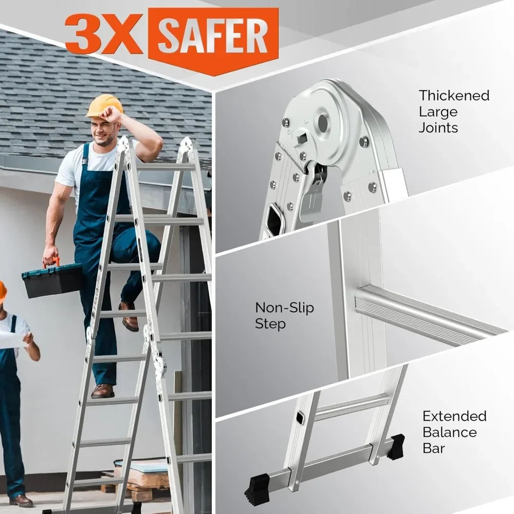 15.5FT Folding Ladder Multi-Purpose Aluminum Extension, 7 in 1 Heavy Duty Step & Combo, EN131 Certified