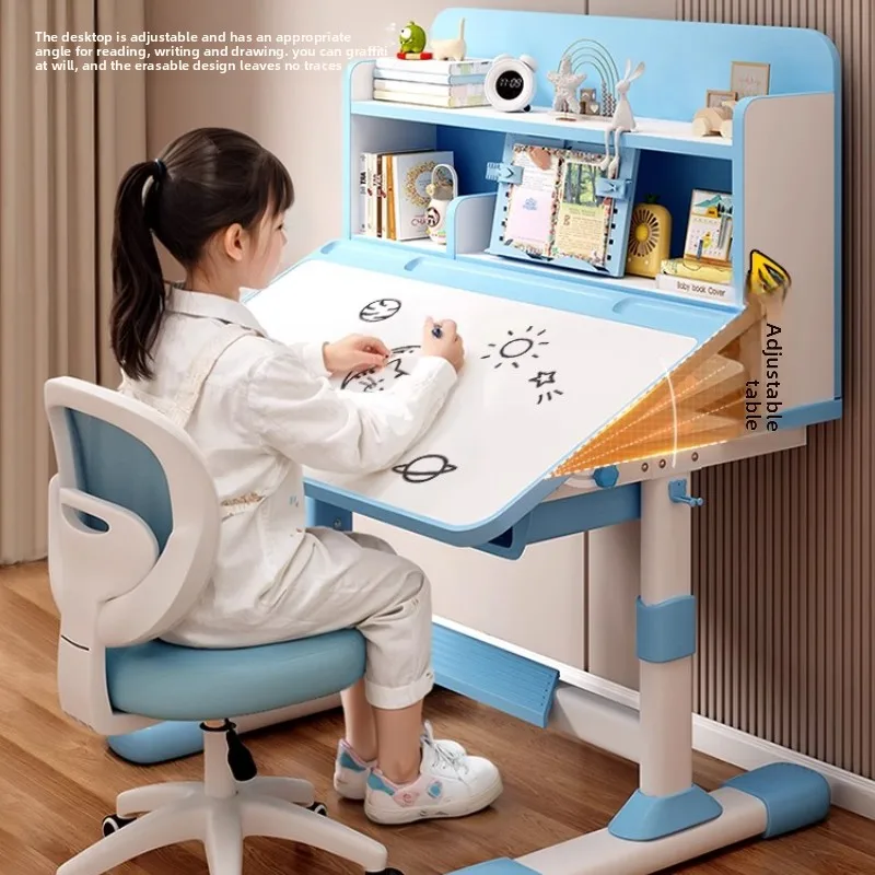 2Pcs/Set Height Adjustable Children School Study Table Chair Set Kids Study Desk Chair Set with Sitting Corrector and Book Stand